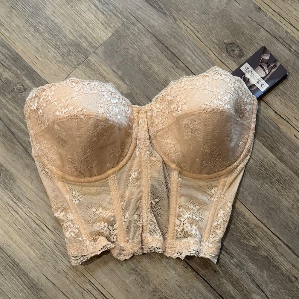 Dominique Tayler Lace Backless Strapless Bra Bustier 32DD/E Nude
